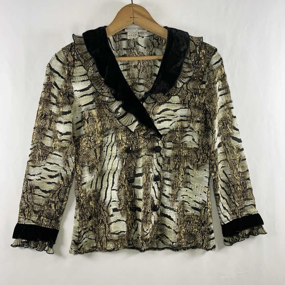 Alberto Malaki Womens Animal Print Crinkle Top Sz S Velvet Ruffle Sequin Artsy